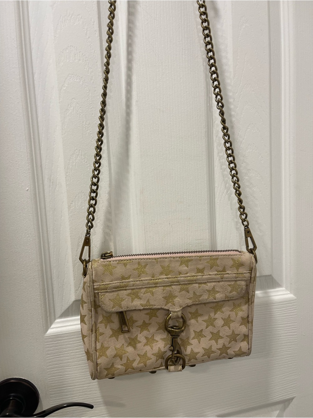Rebecca Minkoff Beige Star-Print suede Crossbody with Antique Gold Hardware